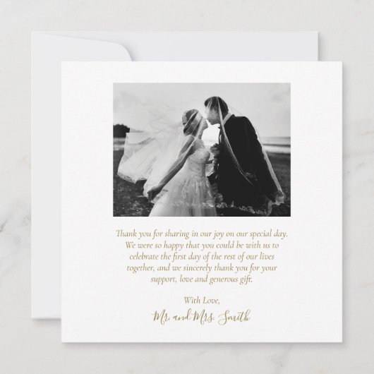 バックエレガント金ゴールドスクリプトフォトコラージュ結婚の サンキューカード (裏面)