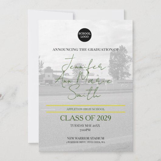 バックカスタムフォト付き緑の黄色の卒業 招待状 (正面)