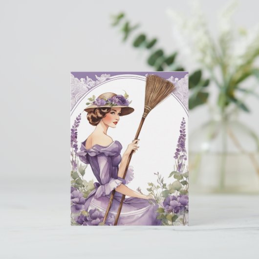 バックグランドのレディ、ヴィンテージパープルブルームクリップアート、 ポストカード (スタンド正面)