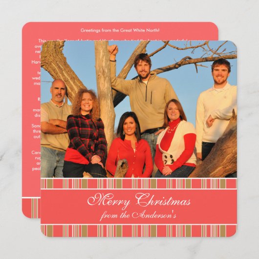 バックコーラルのニュースレターストライプクリスマスカード 招待状 (正面/裏面)