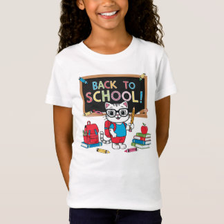 バックトゥスクール かわいい猫 Tシャツ - 楽しい子供向けデザイン