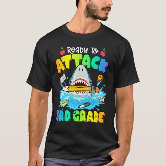 バックトゥスクール 攻撃態勢の3年生サメ少年 Tシャツ (正面)