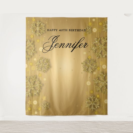 バックドロップ 40歳 誕生日 ゴールド 冬 グリッター タペストリー (正面)