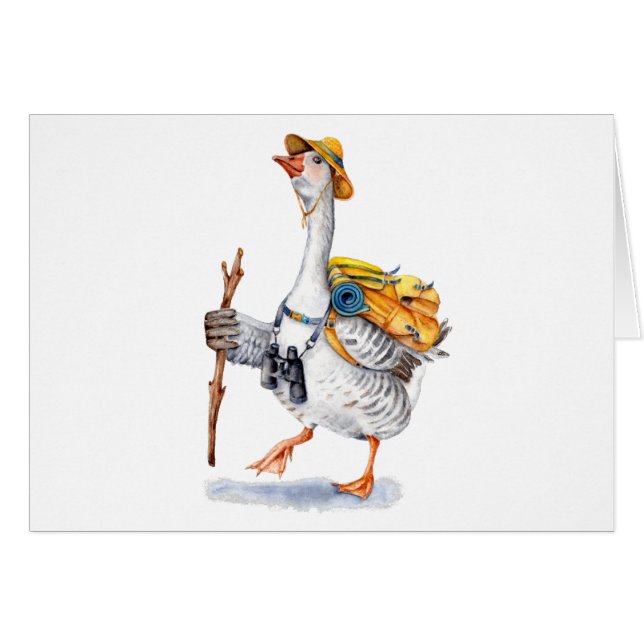 バックパックおよび双眼鏡を持つガチョウのハイキング (正面横)