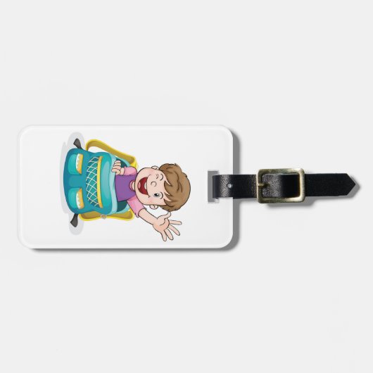 バックパックで男の子なびくおもしろいスクールキッド ラゲッジタグ (正面横)