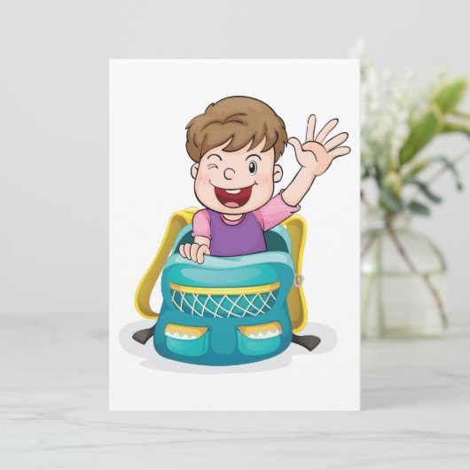 バックパックで男の子なびくおもしろいスクールキッド 招待状 (スタンド正面)