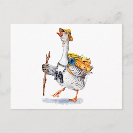 バックパックと双眼鏡でガチョウをハイキング ポストカード (正面)