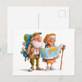 バックパックと歩くsでハイキング高齢者カップル シーズンポストカード (正面/裏面)