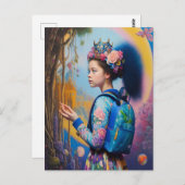 バックパック付きの森の若い女の子 ポストカード (正面/裏面)