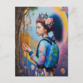 バックパック付きの森の若い女の子 ポストカード (正面)