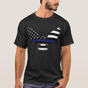 バックブルーイーグルと米国国旗の薄い青い線 Tシャツ