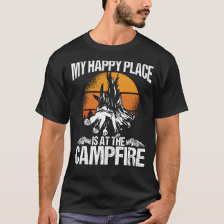 バックプリント私の幸せな場所はキャンプファイヤーキャンプ Tシャツ