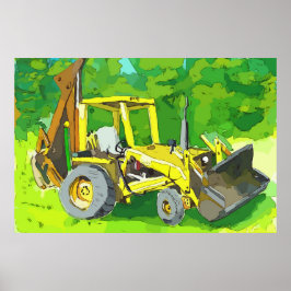 バックホー付きの黄色いトラクターの水彩画 ポスター