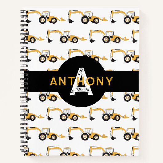 バックホー建築トラックキッズモノグラム ノートブック (正面)