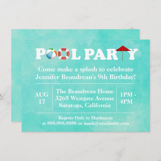 バックヤードアウトドアプールバースデーパーティー 招待状 (正面/裏面)