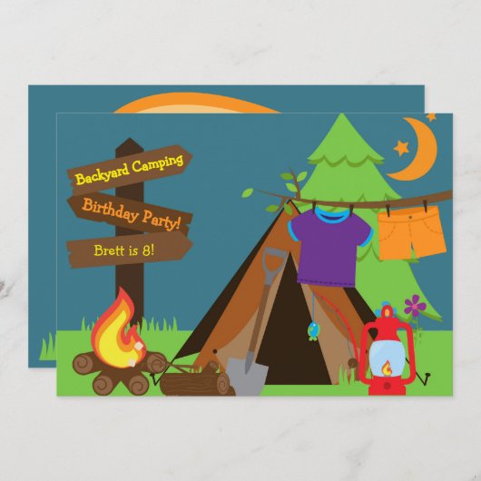 バックヤードキャンピングキャンプ誕生日招待状 招待状 (正面/裏面)