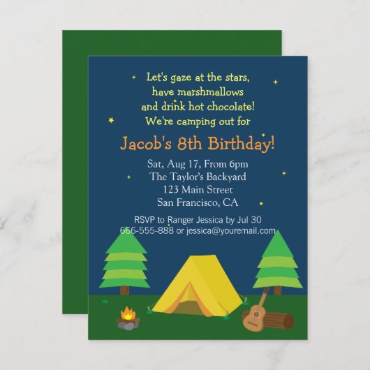バックヤードスリーポーバーキャンピングバースデーパーティー 招待状 (正面/裏面)