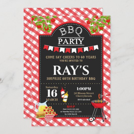 バックヤードBBQサプライズ誕生日パーティレッドギンガム 招待状 (正面/裏面)
