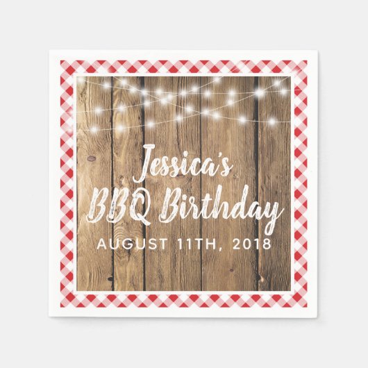 バックヤードBBQバースデーパーティギンガムウッド素朴 スタンダードカクテルナプキン (正面)