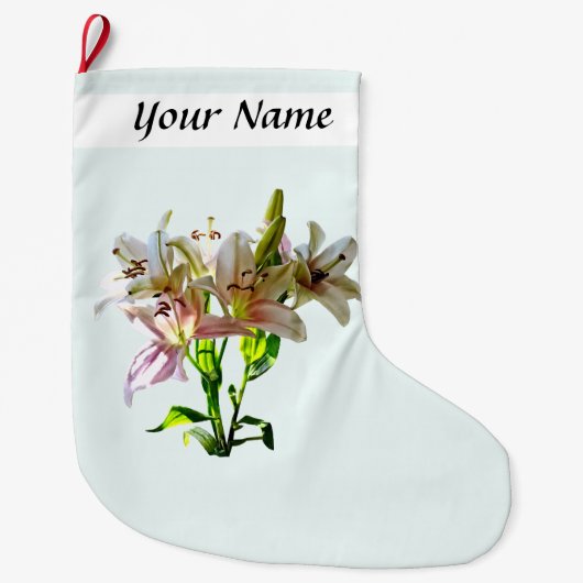 バックライト淡い色の付きピンク色のユリ ラージクリスマスストッキング (正面)