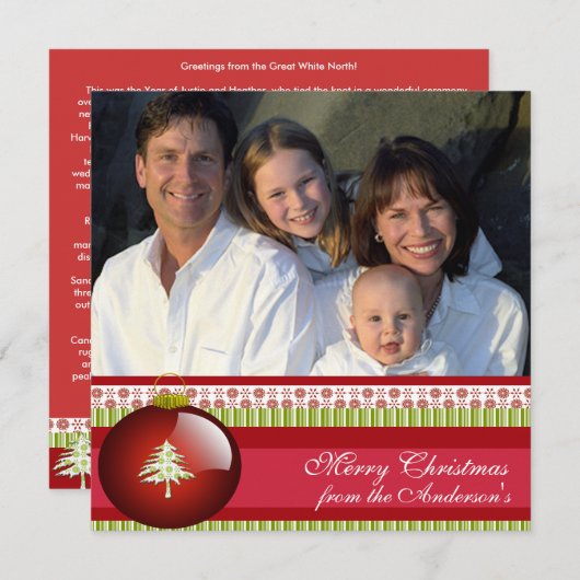 バックレッドオーナメントクリスマスカードのニュースレター 招待状 (正面/裏面)