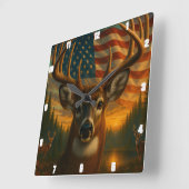 バック威厳のある印象的な〔雄ジカの〕枝角アメリカ国旗 スクエア壁時計 (傾斜)