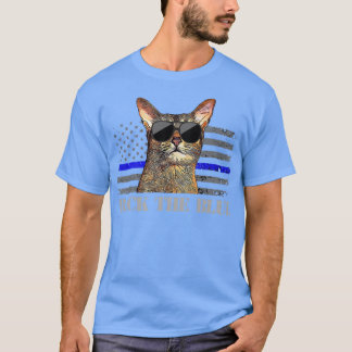 バック青い警察猫シンブルーラインアメリカンF Tシャツ