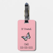 バッグかわいいピンクと蝶と女の子の名前 ラゲッジタグ (裏面縦)