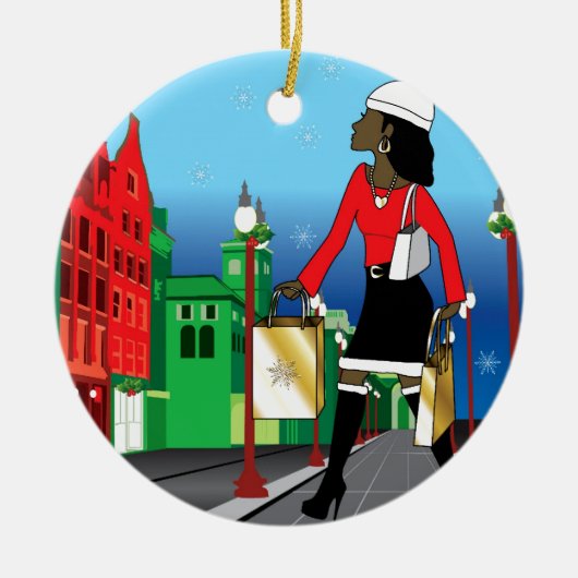 バッグによって服を着せられるファッションの女性のクリスマスのショッピング セラミックオーナメント (正面)