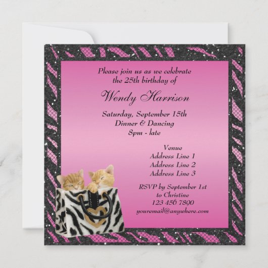 バッグのシマウマのプリントのフェイクなグリッターの誕生日の子ネコ 招待状 (裏面)