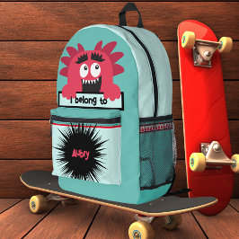 バッグバディハッピーレッドモンスターキッズネームバックパック プリントバックパック