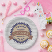 バッジの旗のモノグラムのブラウンの青いロゴの灰色のストライプ ペーパープレート (パーティー)