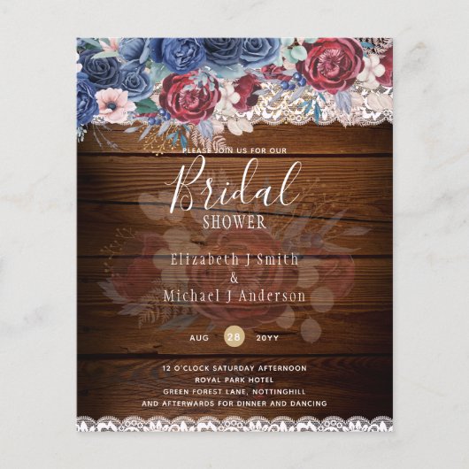バッジブルガンディブルーフローラブライダルシャワー招待状 チラシ (正面)