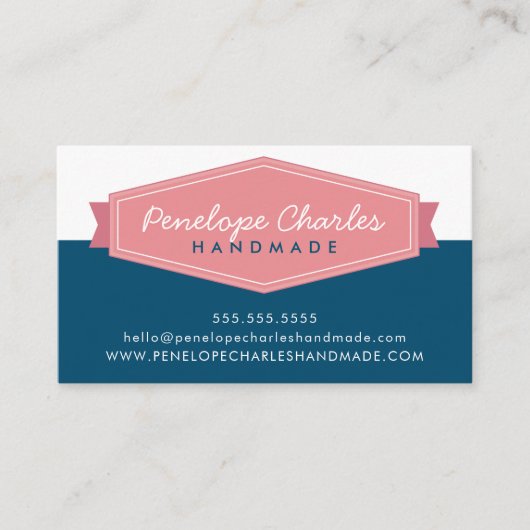 バッジモダンロゴレトロなコーラルピンクのダークブルー 名刺 (正面)