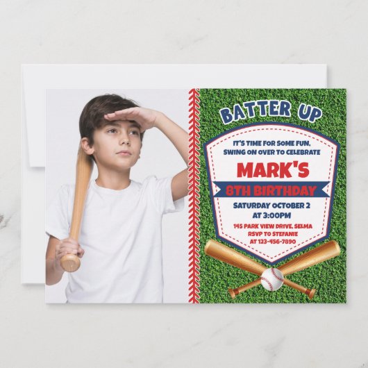 バッターアップベースボールボーイ誕生日フォト招待状 招待状 (正面)