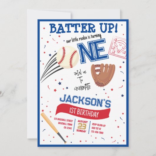 バッターアップリトルルーキーかわいい野球かわいい1歳の誕生日 招待状 (正面)