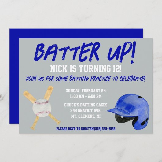 バッターアップ!野球をテーマにした誕生日パーティー 招待状 (正面/裏面)