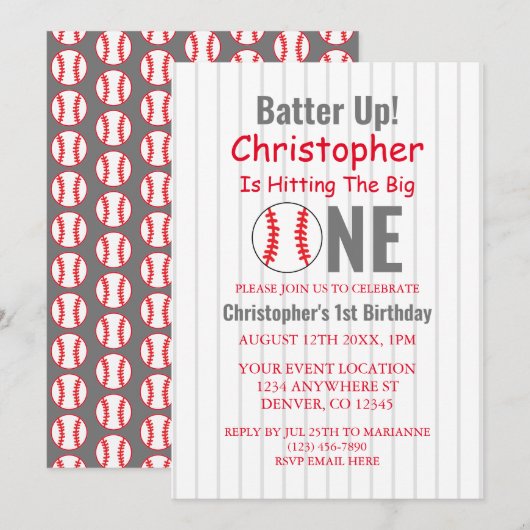 バッターアップ!野球1歳の誕生日 招待状 (正面/裏面)