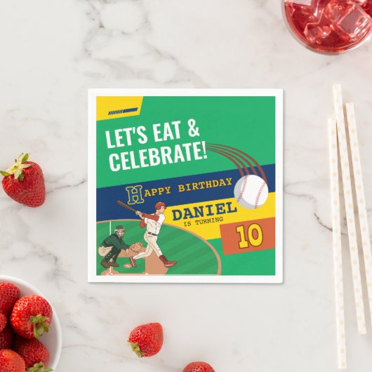 バッター付き野球および飛んでいるボール誕生日 スタンダードカクテルナプキン (インサイチュ)