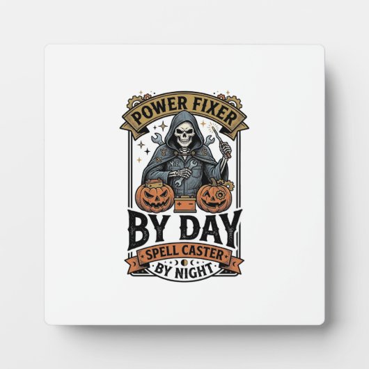 バッテリー修理の魔女 楽しいハロウィンの技術者シャツ フォトプラーク (正面)
