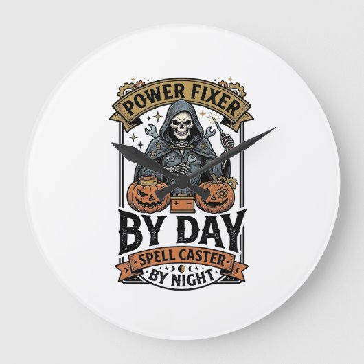 バッテリー修理の魔女 楽しいハロウィン技術者Sh ラージ壁時計 (正面)