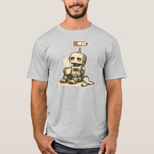 バッテリー残量少なめ かわいいロボット コーヒー 冗談めかした レトロ調テイスト Tシャツ