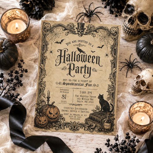 バット クモ カボチャ 黒猫 ビンテージ ハロウィン 招待状
