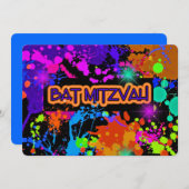 バット・ミッツヴァ招待状 ネオン絵の具の飛沫 招待状 (正面/裏面)