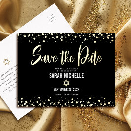 バット・ミッツヴァ・セーブ・ザ・デート・ボールド・スクリプト・ブラック・リアル・ゴールド 箔招待状ポストカード
