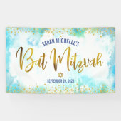 バット・ミッツヴァ ターコイズ 水彩 ゴールド・フォイル スクリプト 横断幕 (横)