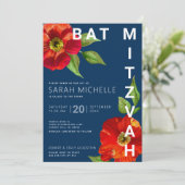 バット・ミッツヴァ ネイビーブルー 赤 花 水彩 モダン 招待状 (スタンド正面)