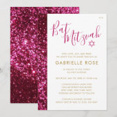 バット・ミッツヴァ ピンク グリッター ストライプ 招待状 (正面/裏面)