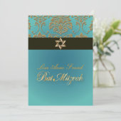 バット・ミッツヴァ+偽のゴールドダマスク/ブラック+アクア 招待状 (スタンド正面)