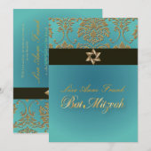 バット・ミッツヴァ+偽のゴールドダマスク/ブラック+アクア 招待状 (正面/裏面)